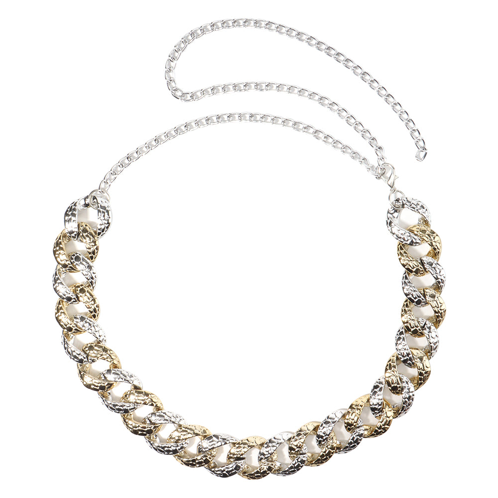 Chunky two tone textured gold and silver summer statement chain necklace with adjustable clasp for bold beach and party looks