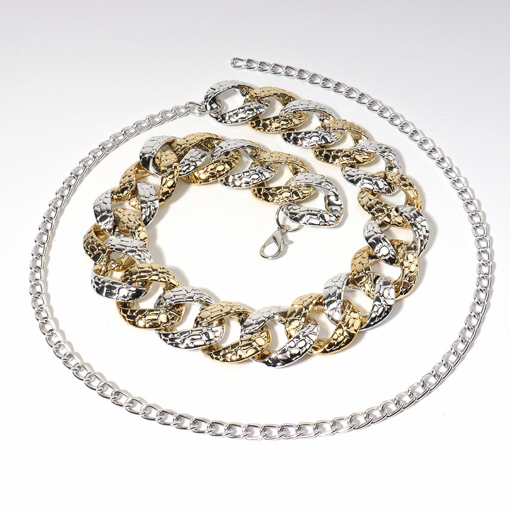 Two tone gold and silver summer statement chain necklace with chunky textured links and adjustable clasp